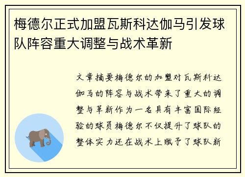梅德尔正式加盟瓦斯科达伽马引发球队阵容重大调整与战术革新